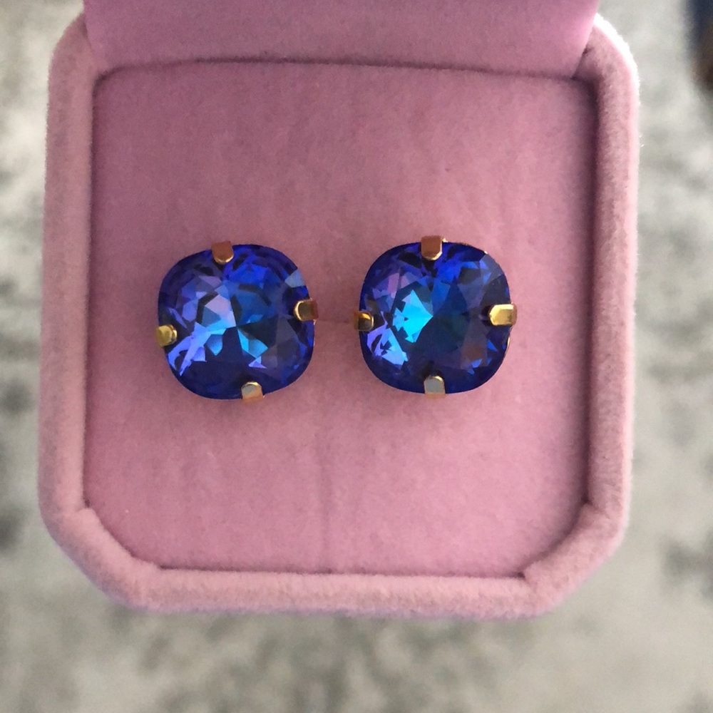 Burgundy AB + Gold Cushion Cut Crystal Earrings - Picture 7 of 13